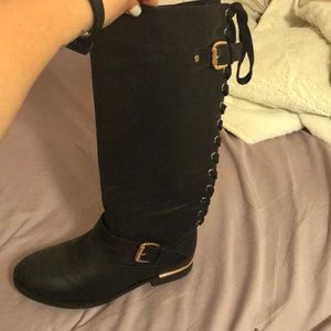 Super cute lace up and gold accent knee high boots